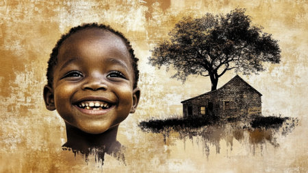 A child's joyful face blended with a tree and home silhouette, symbolizing harmony with nature and familyの素材