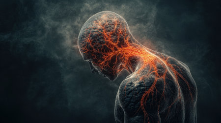 A captivating image of a human figure in a dark setting, featuring glowing veins and neural pathways symbolizing energy, connection, and the essence of life.の素材