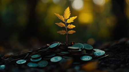 A coin pile supports delicate plant growth, blending wealth and environmental themes in a visual metaphor for eco-conscious investmentsの素材