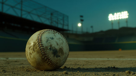 A close-up view of a vintage baseball resting on a sandy field during dusk, illuminated by stadium lights. The scene evokes nostalgia and captures the essence of America's favorite pastime.の素材