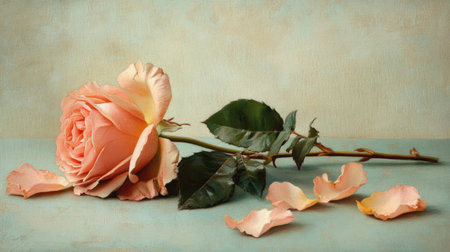 A stunning pink rose rests gracefully on a soft blue surface, accompanied by delicate petals. This vintage-style image captures the essence of beauty and tranquility.の素材