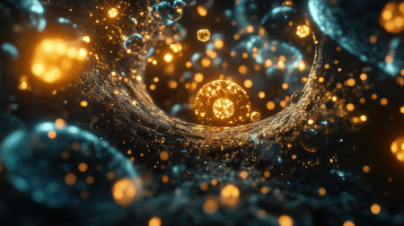 Explore a captivating abstract visualization featuring glowing particles and bubbles set in a cosmic environment, evoking feelings of wonder and depth.の素材