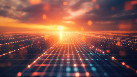 A futuristic solar farm stretches into the distance, illuminated by a golden sunset and augmented by data analytics overlaysの素材