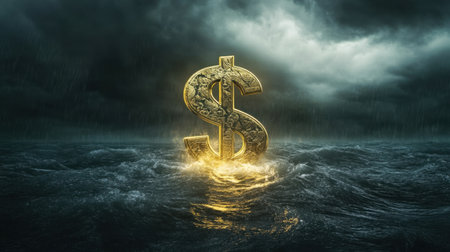 A gold dollar symbol slowly sinking into water under stormy skies, visually portraying economic strugglesの素材