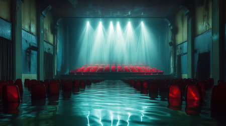 An abandoned theater flooded with water, featuring red seats illuminated by dramatic lighting. This haunting scene captures beauty and nostalgia in its eerie atmosphere.の素材