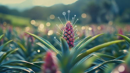 A field of pineapple plants features a digital overlay of IoT monitoring, symbolizing precision agriculture and innovative farming practicesの素材