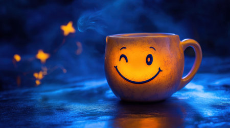 A cheerful, smiling mug radiates warmth with its glowing light against a dark blue background, creating a whimsical and cozy atmosphere perfect for relaxation.の素材