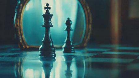 An artistic view of chess pieces reflecting softly on the board, surrounded by moody lighting. This image captures the essence of strategy and competition in a classic game.の素材