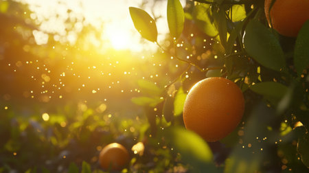 A serene orchard scene captures ripe oranges hanging on trees illuminated by warm morning sunlight. The glowing atmosphere enhances the natural beauty of the setting.の素材