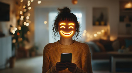 A happy woman holds a smartphone, her face glowing with a bright smile in a cozy indoor setting. Warm lights enhance the joyful atmosphere of connection.の素材