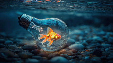 A vibrant goldfish swims gracefully inside a glass light bulb, resting on smooth stones underwater. This surreal image blends creativity with nature, evoking feelings of tranquility.の素材