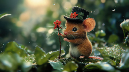 A whimsical depiction of a cute mouse wearing a hat, holding a flower in a lush green setting, evoking a sense of joy and imagination in nature.の素材