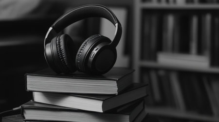 A captivating black and white image featuring headphones resting on stacked books, symbolizing the intersection of music and literature. Ideal for educational themes.の素材