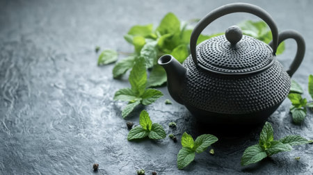 A beautifully crafted black teapot sits gracefully among vibrant green mint leaves, creating a serene and inviting atmosphere perfect for tea lovers.の素材