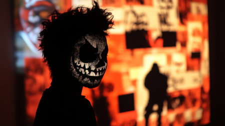 A captivating portrait featuring a figure with an artistic skull face in a dark setting. The background blends vibrant colors, enhancing the eerie atmosphere.の素材