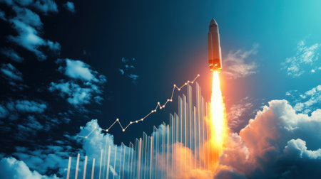 A captivating scene of a rocket launching against a vibrant sky, accompanied by an ascending graph representing growth and innovation in technology.の素材