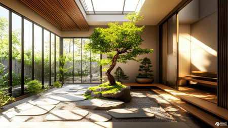 This serene zen garden interior captures the essence of tranquility with a beautiful bonsai tree, natural light, and thoughtful design elements.の素材