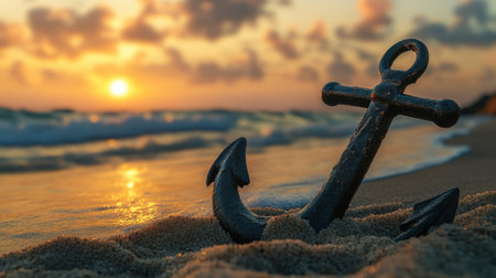 A striking black anchor rests on sandy beach during a colorful sunset, surrounded by gentle ocean waves. Perfect for themes of travel, nature, and serenity.の素材