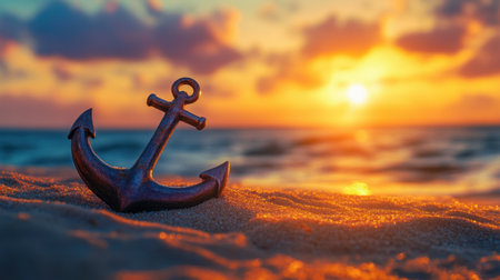 A close-up of a metal anchor resting on sandy beach at sunset, with gentle waves and a colorful sky in the background, creating a tranquil coastal atmosphere.の素材