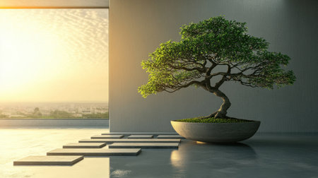 A serene bonsai tree graces a modern interior, showcasing natural beauty and tranquility. Sunlight streams through large windows, enhancing the peaceful ambiance.の素材