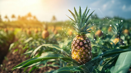 A field of pineapple plants features a digital overlay of IoT monitoring, symbolizing precision agriculture and innovative farming practicesの素材