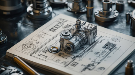 A detailed sketch of a vintage camera rests on a technical drawing, surrounded by various tools, showcasing an artistic portrayal of photography development.の素材