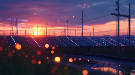 A field of solar panels at sunset with holographic data visualization, reflecting clean energy innovationの素材
