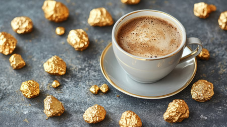 A cozy coffee cup amid radiant golden nuggets, combining indulgence and sophistication in this striking compositionの素材