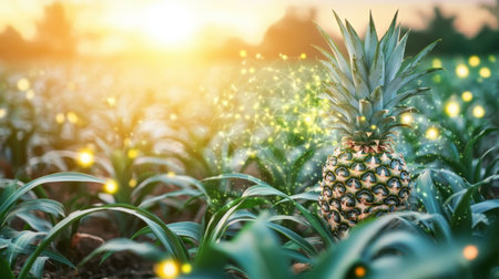 A field of pineapple plants features a digital overlay of IoT monitoring, symbolizing precision agriculture and innovative farming practicesの素材