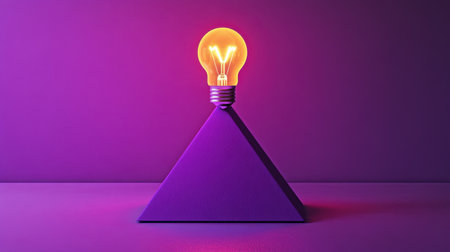 A glowing light bulb atop a purple pyramid, symbolizing creativity and learning in innovative training conceptsの素材