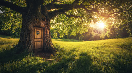 A unique wooden door set into a massive tree in a sunlit meadow invites exploration and wonder. The scene encapsulates nature's beauty and tranquility.の素材