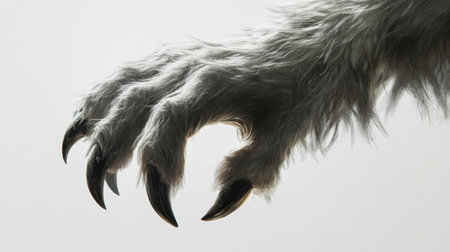 This close-up image captures the intricate details of a furry animal paw, showcasing sharp claws that convey strength and elegance, set against a soft background.の素材