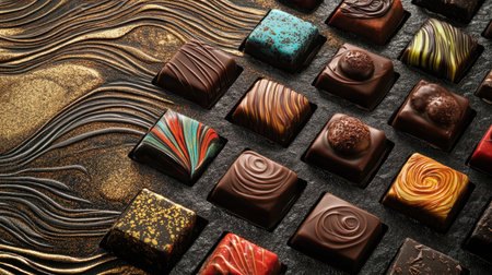 A luxurious box of artisanal chocolates, arranged beautifully with intricate designs, set on a textured, elegant surfaceの素材