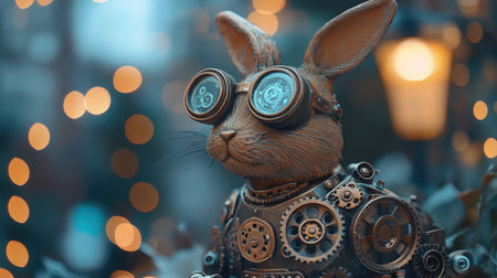 A whimsical steampunk rabbit sculpture wears goggles and showcases intricate gears. Set against a blurred, colorful urban backdrop, this unique artwork highlights creativity and charm.の素材