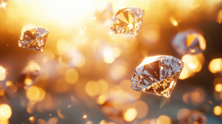 Beautiful diamonds float gracefully in warm sunlight, creating a magical atmosphere filled with sparkling reflections and a soft bokeh background, perfect for luxury-themed designs.の素材