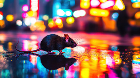 A small black mouse scurries across a colorful wet street illuminated by vibrant neon lights. The reflection enhances the cityscape backdrop creating a lively atmosphere.の素材