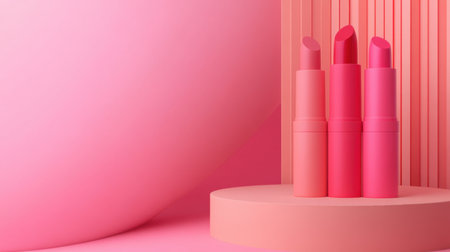 This stock photo features three vibrant pink lipsticks elegantly displayed on a round pedestal against a soft pink background, showcasing a modern beauty aesthetic.の素材
