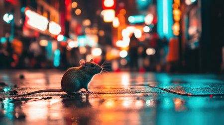 A small mouse stands on a wet urban street at night, surrounded by vibrant city lights and reflections, capturing a moment of solitude in the bustling environment.の素材
