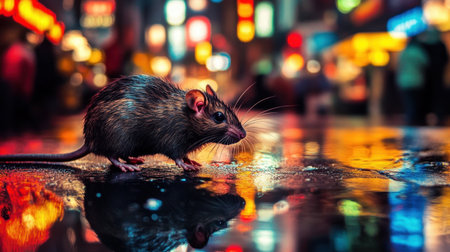 A solitary mouse navigates a vibrant urban street at night, surrounded by colorful reflections and soft neon lights, showcasing the blend of wildlife and city life.の素材