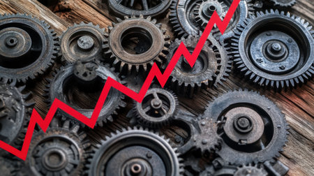 A visual of industrial gears overlaid with a red graph line descending, reflecting economic difficultiesの素材