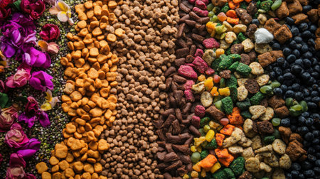 A playful arrangement of wholesome dog treats and snacks, offering a feast of colors and textures for pet loversの素材