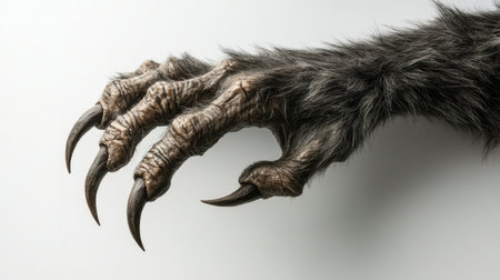 A striking close-up of a realistic werewolf claw, showcasing intricate details and textures. The claw is set against a minimalist white background, enhancing its eerie appearance.の素材