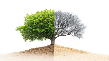 A striking visual of a split tree showing vibrant green leaves on one side and bare branches on the other, symbolizing the cycle of life and environmental changes.の素材