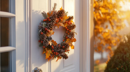 A beautiful autumn wreath adorned with pinecones and leaves, enhancing the charm of a front door. This cozy decoration radiates warmth and seasonal cheer.の素材