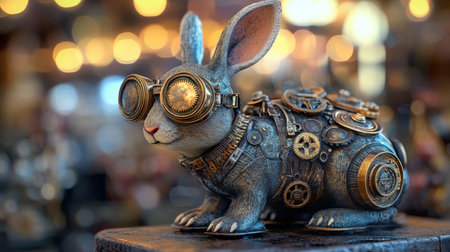 A whimsical steampunk rabbit adorned with goggles and gears sits in a softly blurred setting, showcasing unique craftsmanship and a playful design, perfect for fantasy enthusiasts.の素材