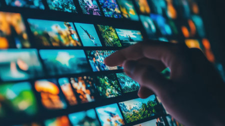 A user hand scrolling through an online gallery of photos, vibrant thumbnails capturing diversity and discoveryの素材