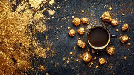 A unique pairing: coffee and golden nuggets on a dark background, symbolizing comfort and opulence in equal measureの素材