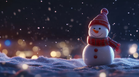 A delightful snowman stands in a winter wonderland, surrounded by softly falling snowflakes and twinkling lights, evoking a warm and festive holiday spirit.の素材