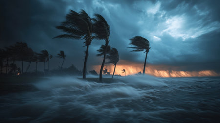 A tropical storm unfolds as fierce winds lash palm trees, creating a dynamic and visually striking natural sceneの素材