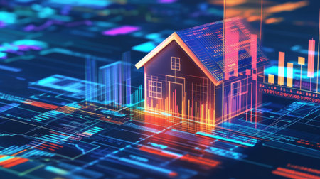 A futuristic digital home concept showcasing vibrant data visualization graphics, symbolizing the intersection of technology and real estate markets.の素材